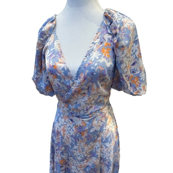 NWT ASTR Satin Floral Wrap Midi Dress XS Asymmetrical Sleeves Wedding Guest - Picture 10 of 16